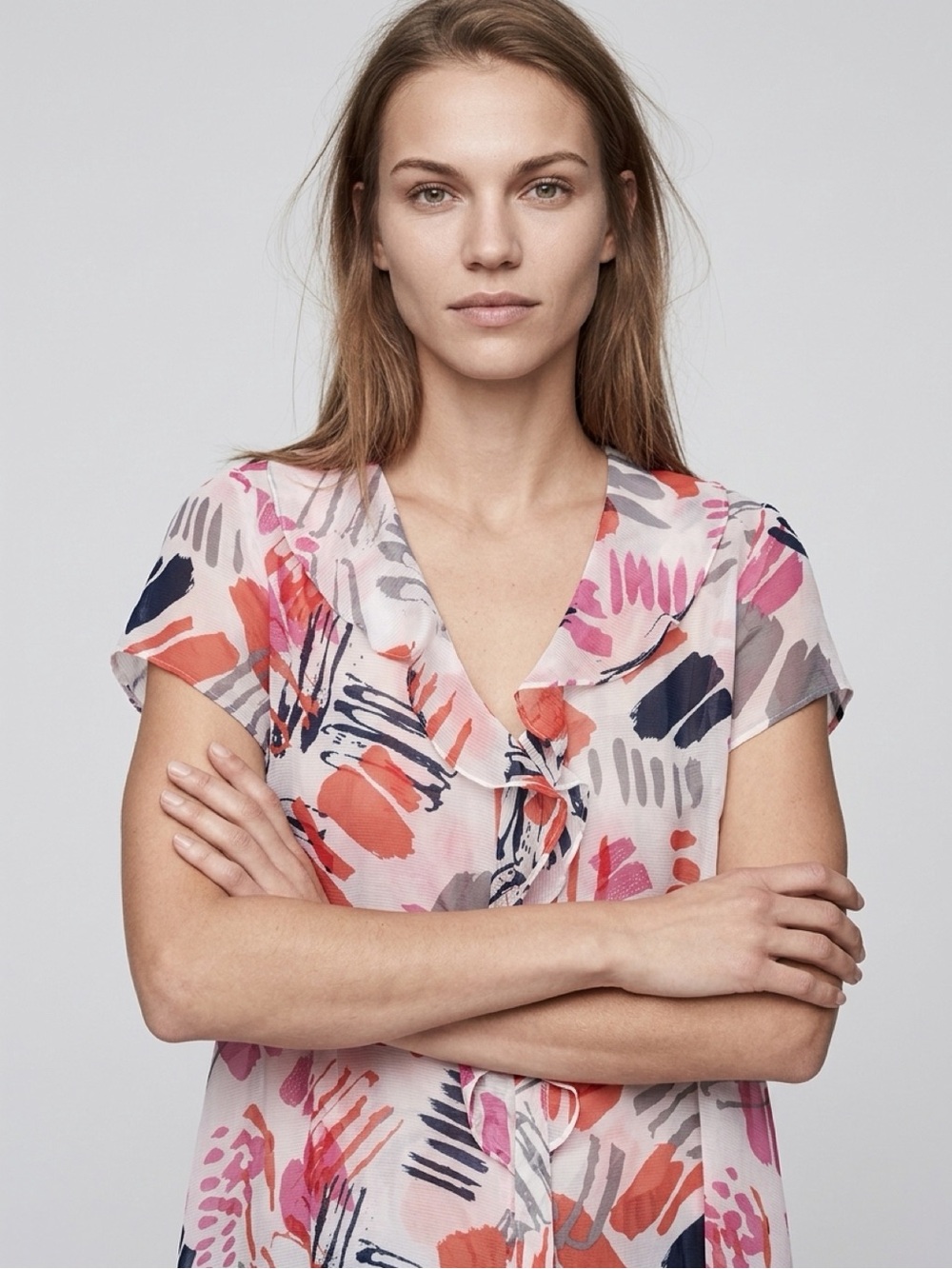 Banana Republic Pink Red Abstract Silk
Cotton Ruffle Top XL. NWT - Picture 4 of 9